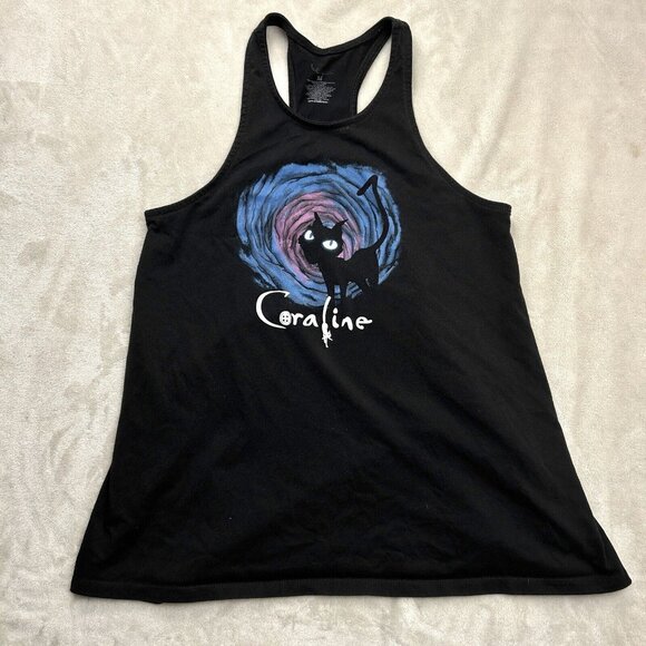 Coraline Women’s Tank Top Medium Black Long Flowy Cat Graphic Print Hot Topic - Picture 1 of 9